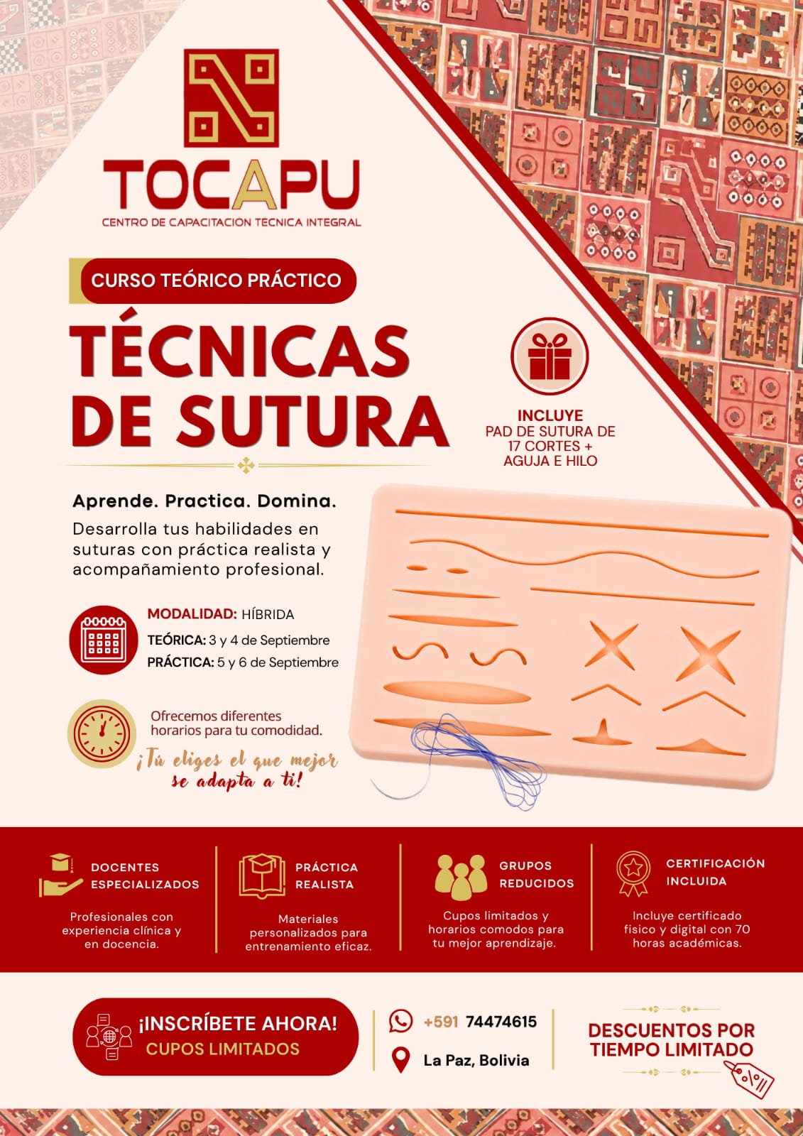 Flyer de Curso Teórico Práctico de Técnicas de Sutura
